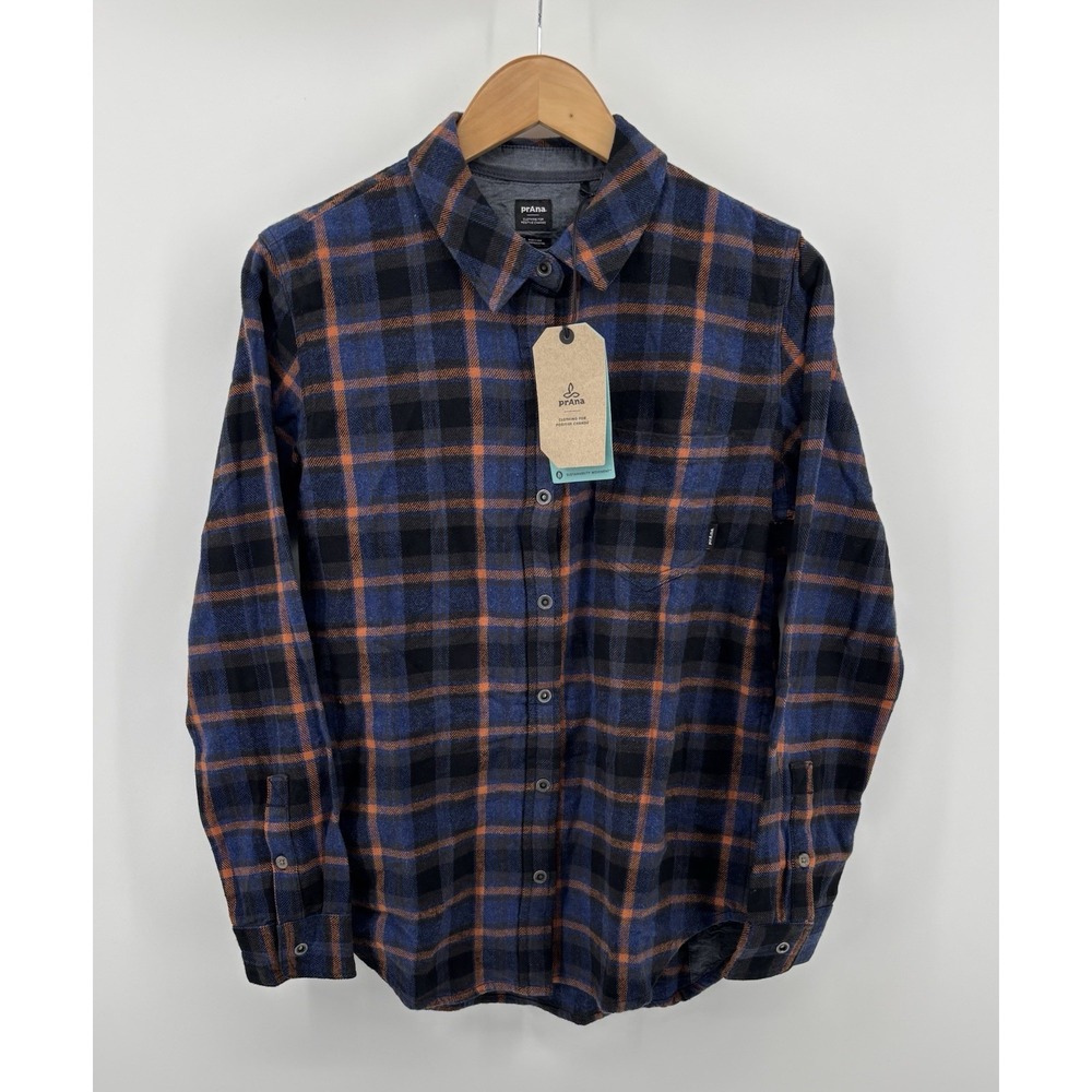 NWT prAna Golden Canyon Plaid Flannel Snap Shirt Rich Sapphire Sz S Gorpcore $89